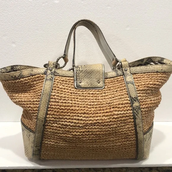 Coach Hampton Python Leather Trim Straw Shoulder Tote - Picture 7 of 12